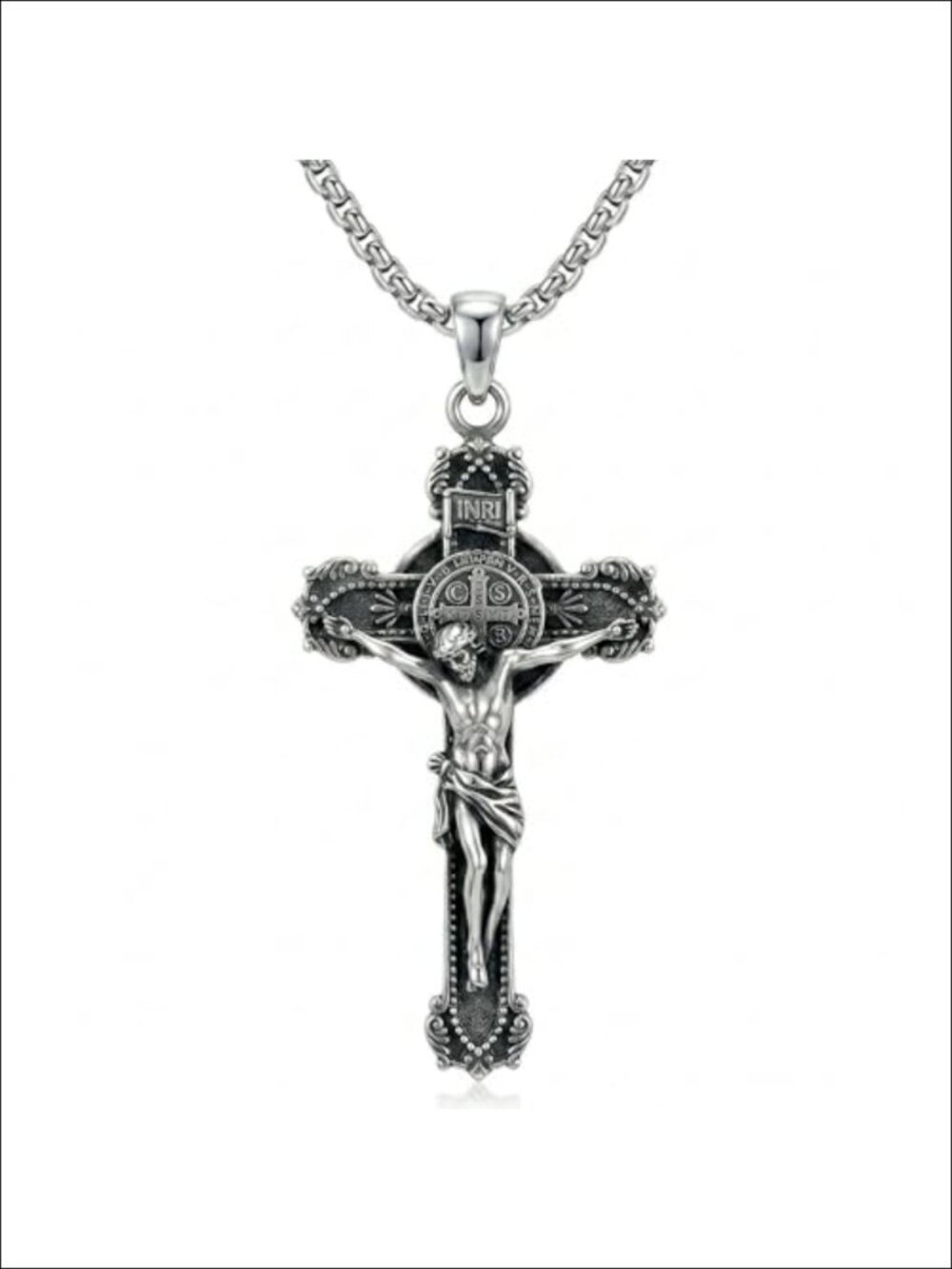 St Benedict Crucifix Pendant 925 Sterling Silver Box Chain Religious Protector